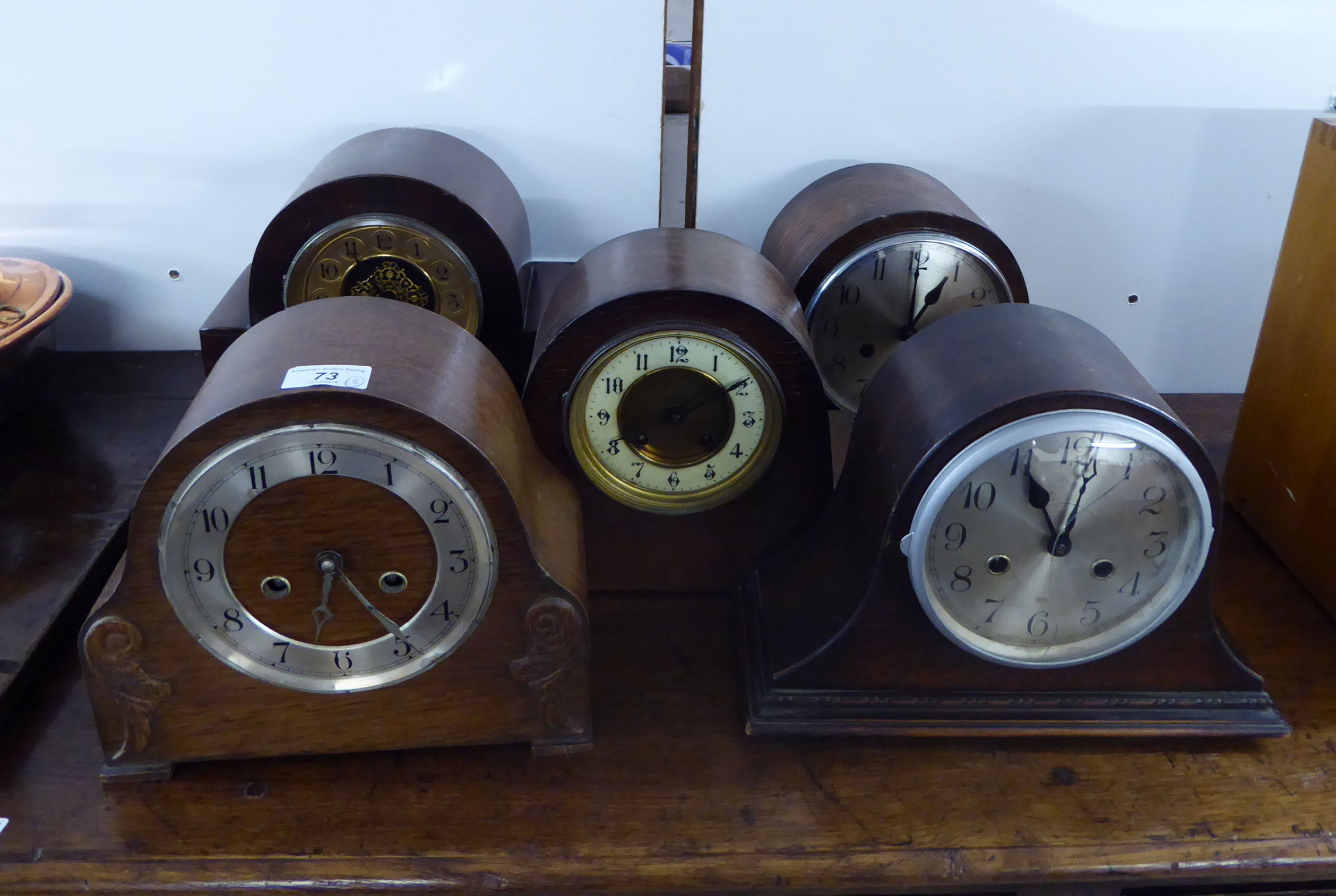 Five similar 1920/30s oak cased mantel clocks various sizes & forms BSR