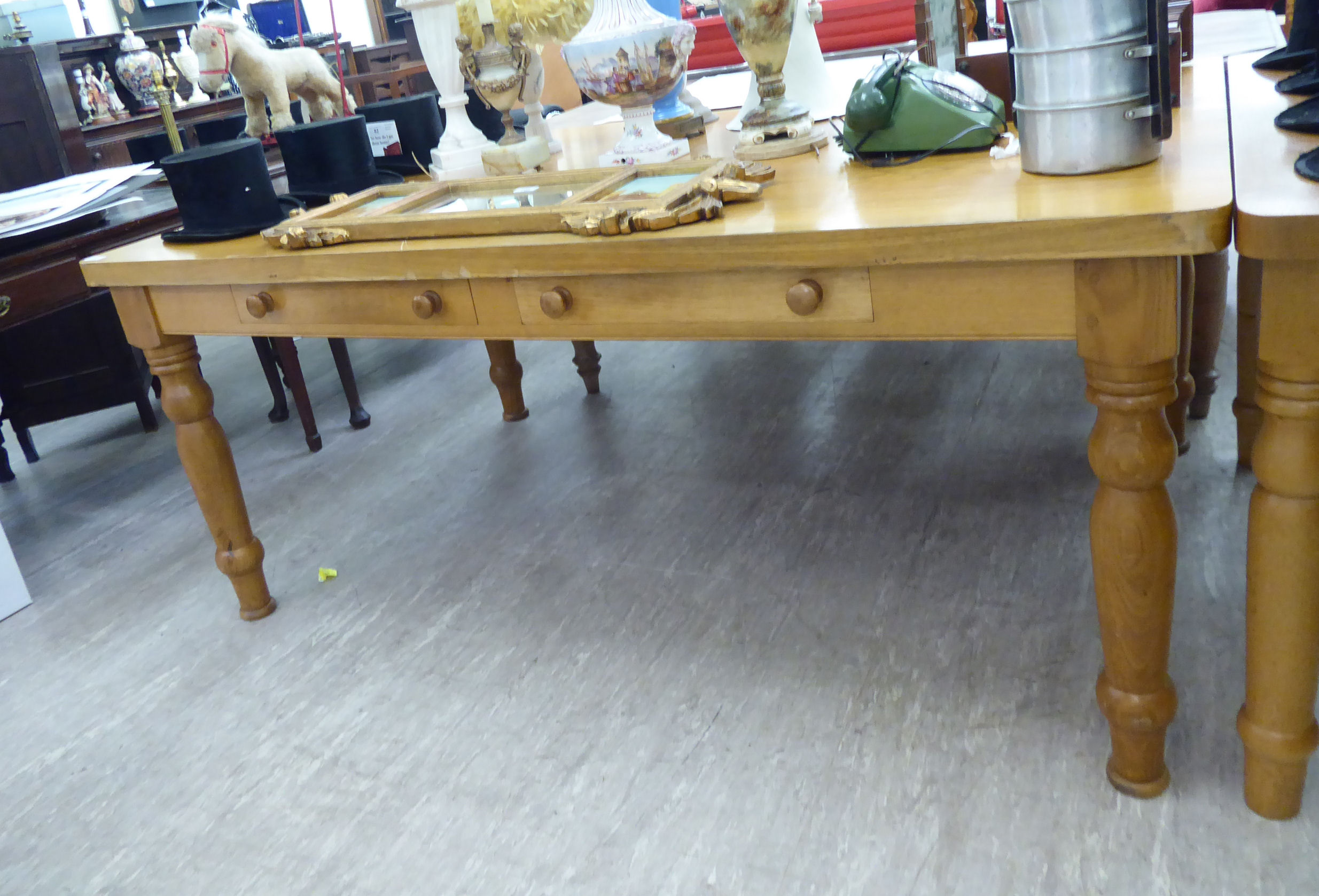 A modern farmhouse style chestnut dining table, the top with round corners, over six frieze drawers, - Image 2 of 3