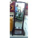 A modern mahogany framed cheval mirror, the rectangular plate, on pivoting horns,