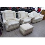 A modern Regency style four piece suite, upholstered in beige fabric,