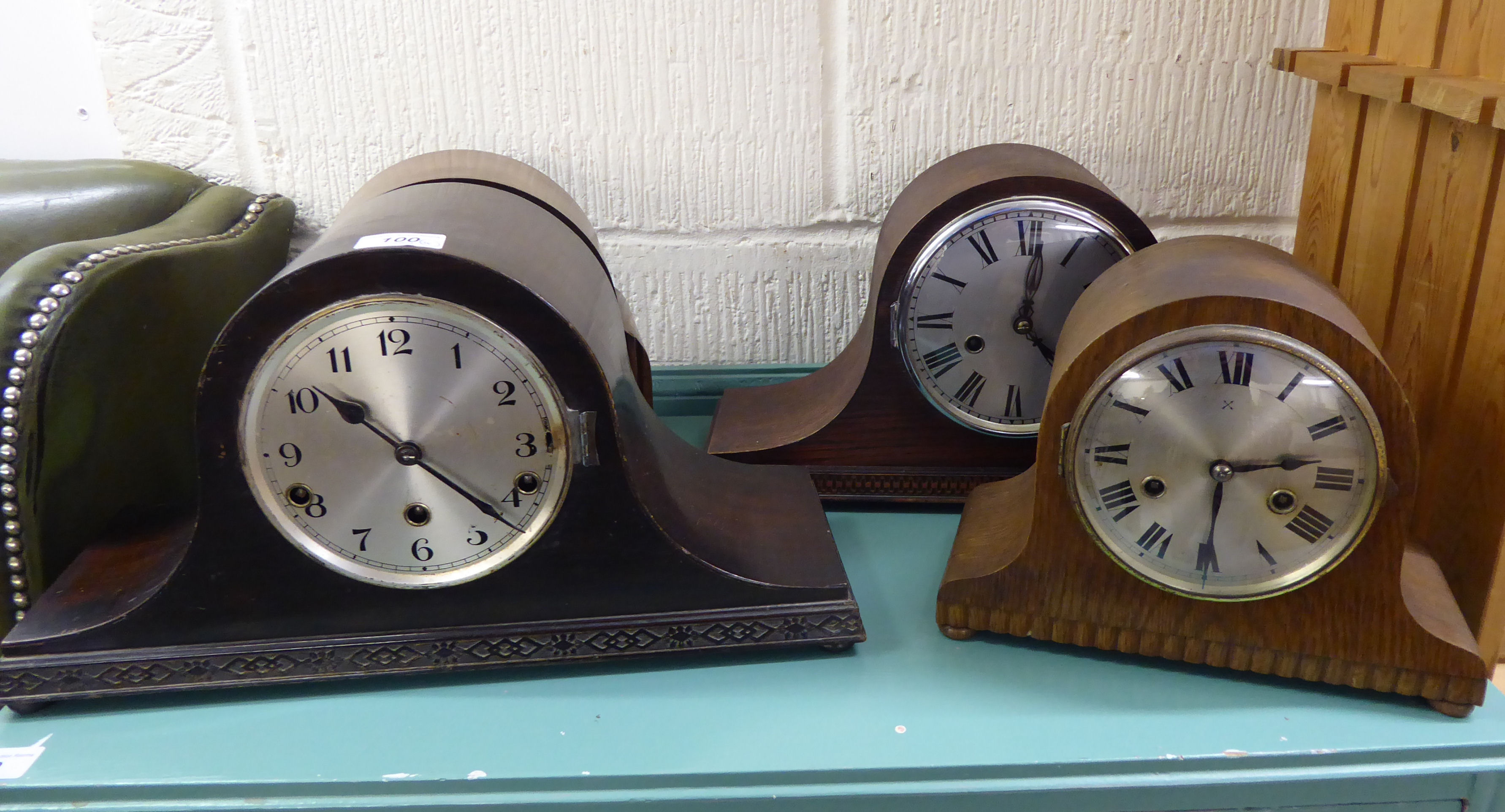 Four similar 1920/30s oak cased mantel clocks various sizes & forms BSR