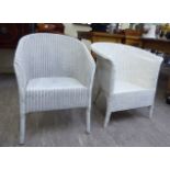 Two Loom style white painted tub chair,