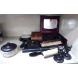 Victorian and later ebonised collectables: to include a vanity set cased OS6