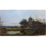 Daniel Sherrin - a landscape study of a church and a vicar's cottage with a pond to the foreground