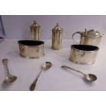 A five piece silver condiments set of straight sided,