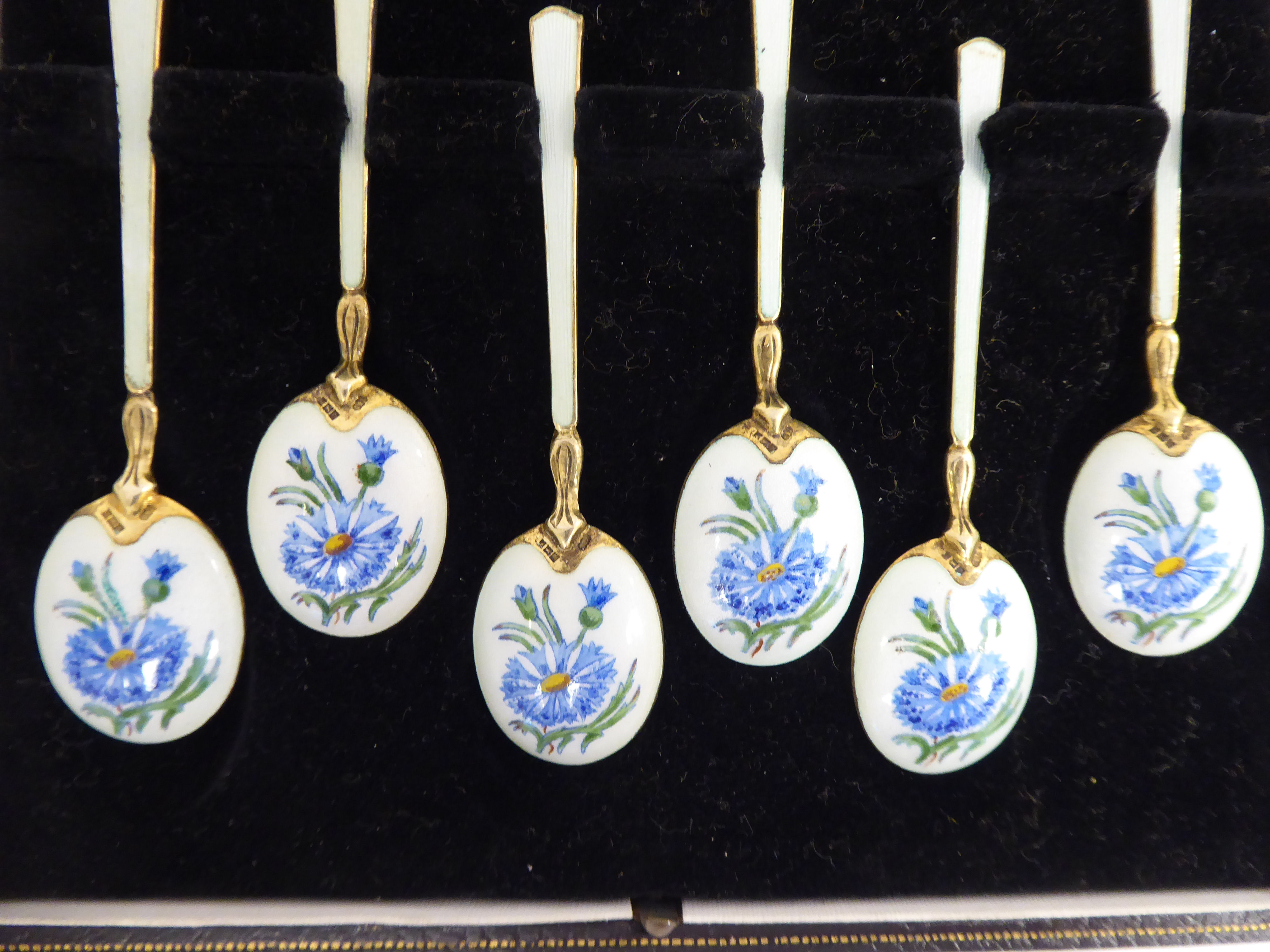 A set of twelve silver gilt and floral enamelled coffee spoons J&S indistinct Birmingham date - Image 5 of 5