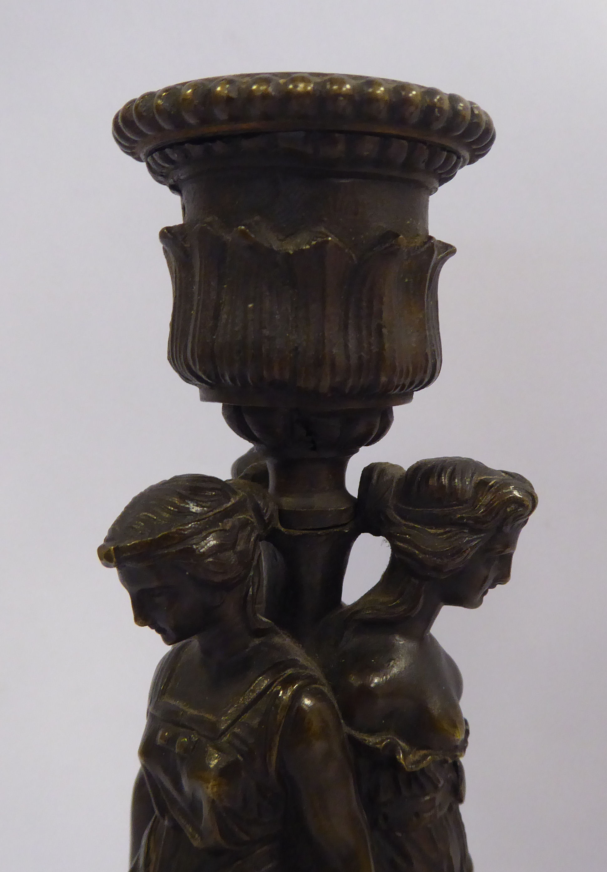 A pair of classically inspired cast and patinated bronze candlesticks, - Image 3 of 6