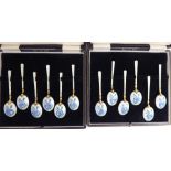 A set of twelve silver gilt and floral enamelled coffee spoons J&S indistinct Birmingham date