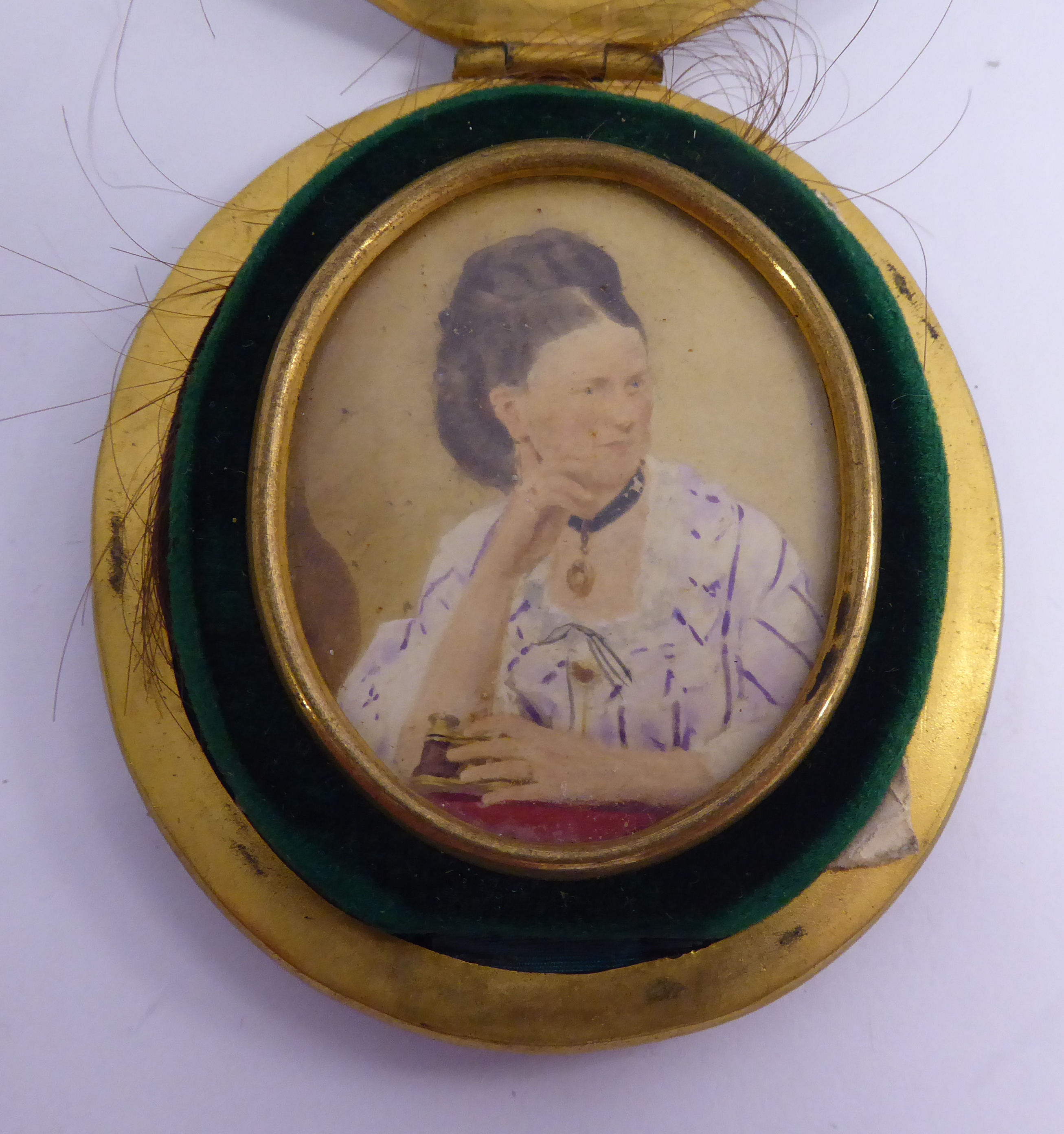 A late 19thC half-length portrait miniature, a woman holding a pair of binoculars, in a glazed, - Image 2 of 4