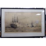 WJ Wyllie - warships in battle on open water etching bears a pencil signature 16.