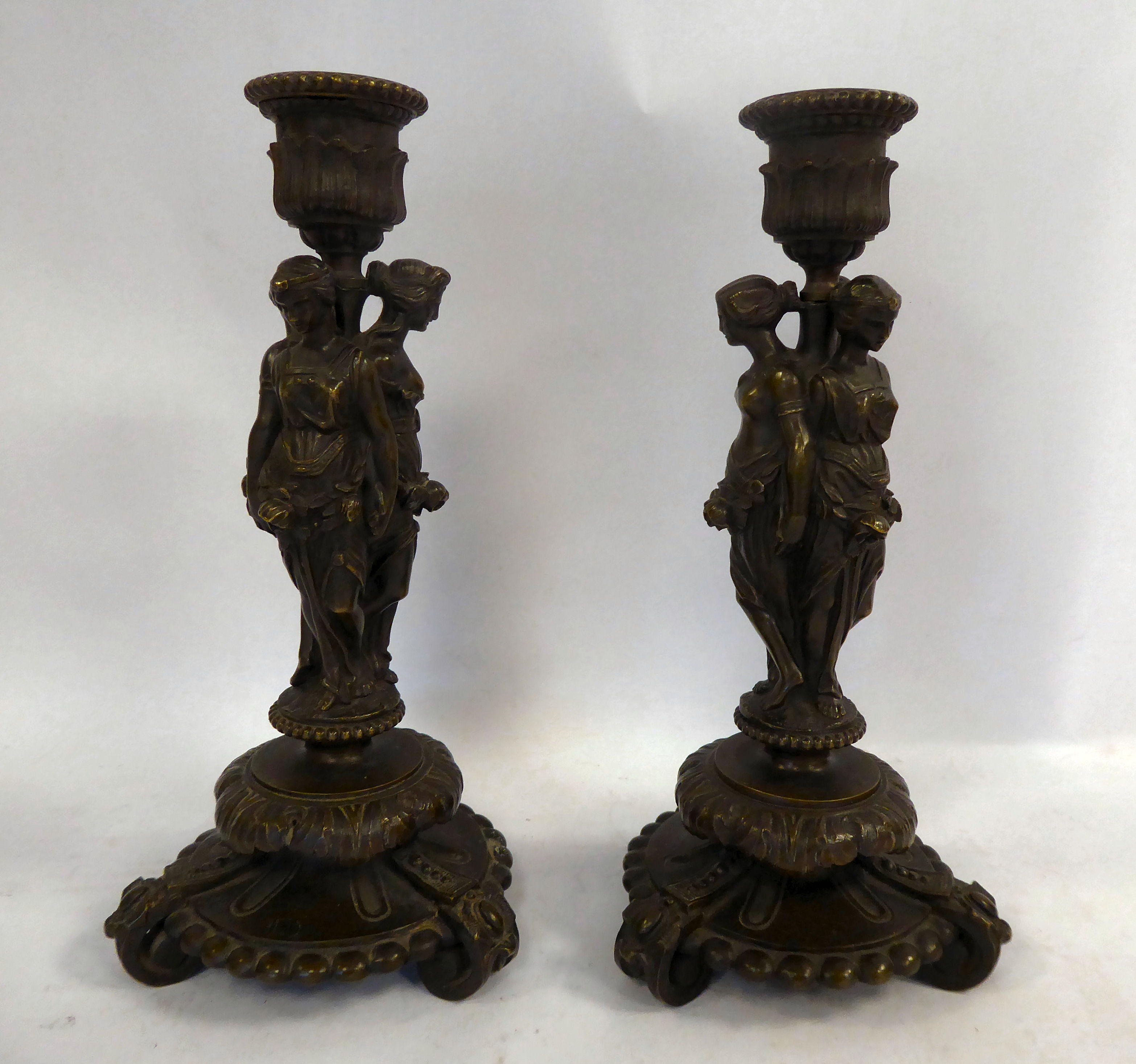 A pair of classically inspired cast and patinated bronze candlesticks, - Image 2 of 6