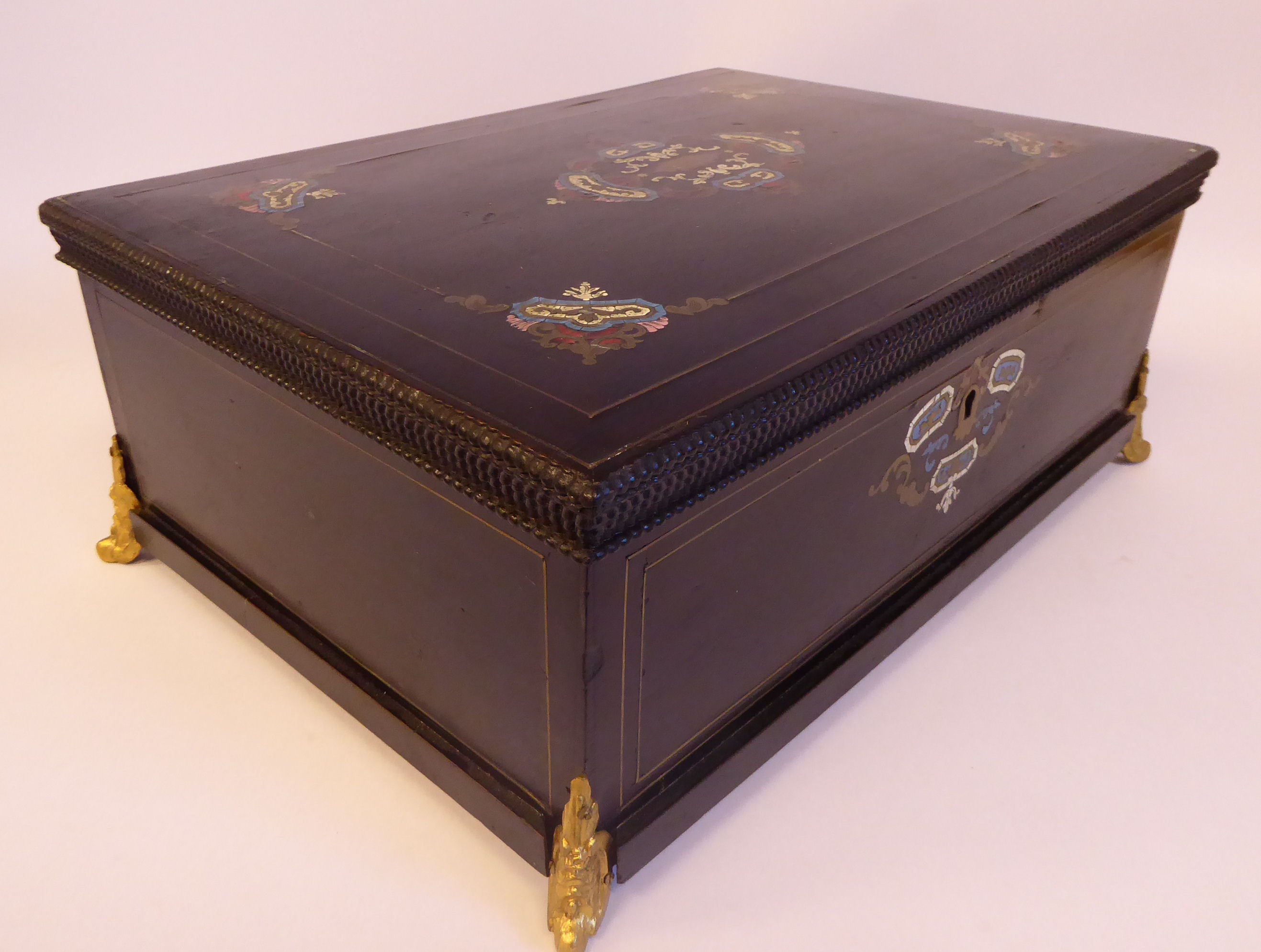 A late Victorian brass tortoiseshell and turquoise inlaid, ebonised box with a hinged lid, - Image 4 of 7