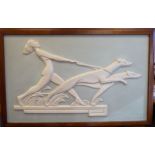 A mid 20thC Art Deco design, painted card plaque, pressed in relief,