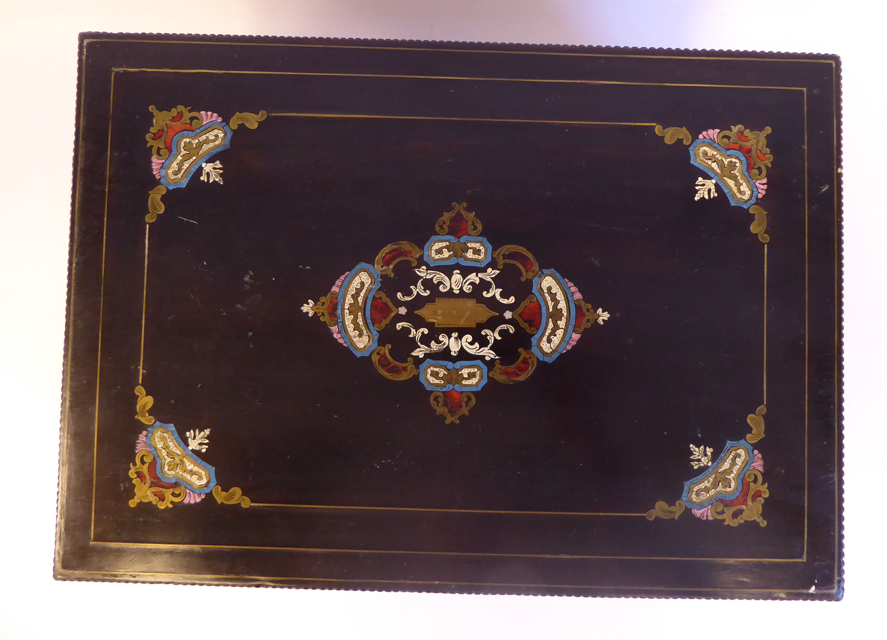 A late Victorian brass tortoiseshell and turquoise inlaid, ebonised box with a hinged lid, - Image 7 of 7