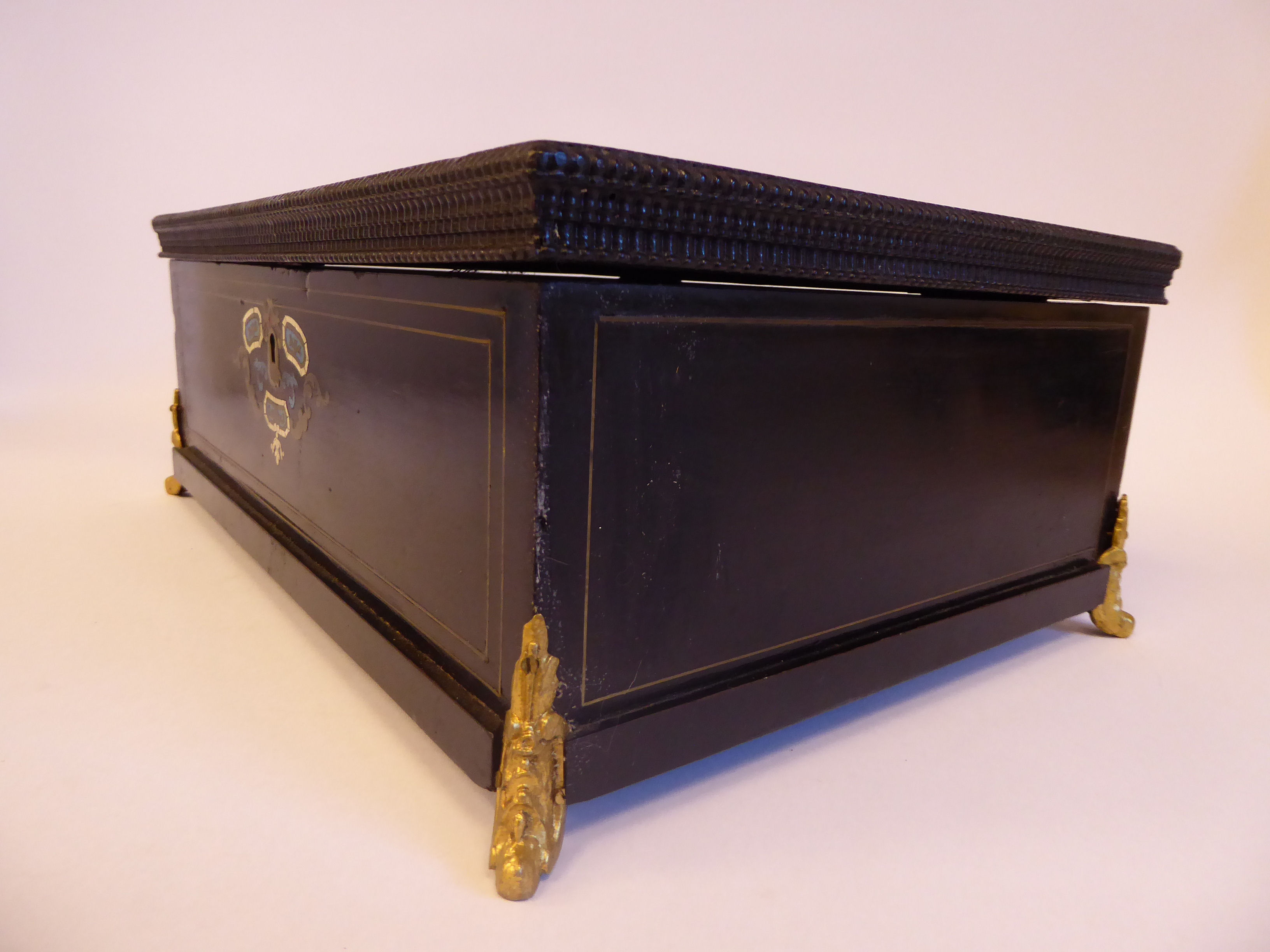 A late Victorian brass tortoiseshell and turquoise inlaid, ebonised box with a hinged lid, - Image 3 of 7