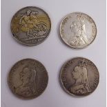 A Victorian silver crown, St George on the obverse 1889; and three Victorian silver florins,