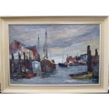 Jacques Moody - a quayside scene with moored vessels and commercial buildings oil on canvas bears