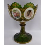 A late 19thC Bohemian green glass bowl, decorated with painted cameos and alternating portraits,