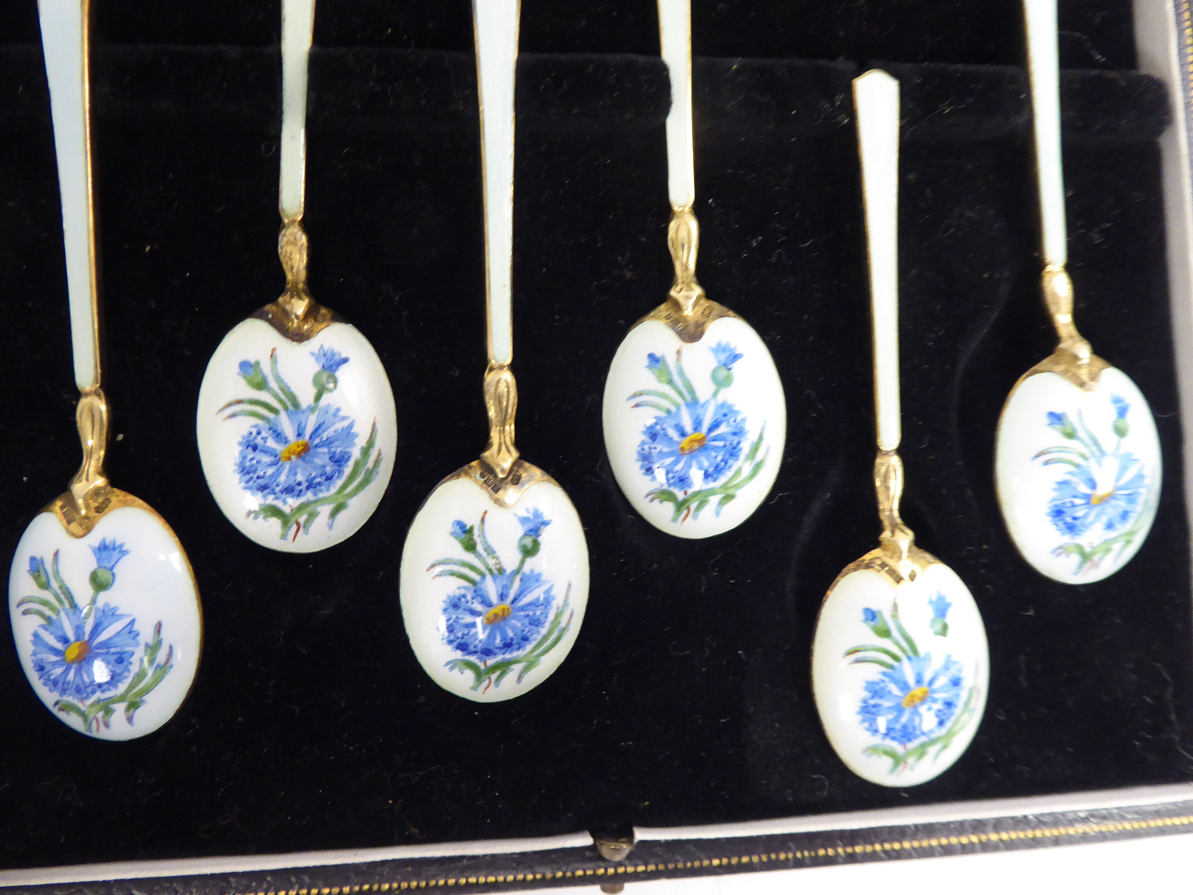 A set of twelve silver gilt and floral enamelled coffee spoons J&S indistinct Birmingham date - Image 4 of 5