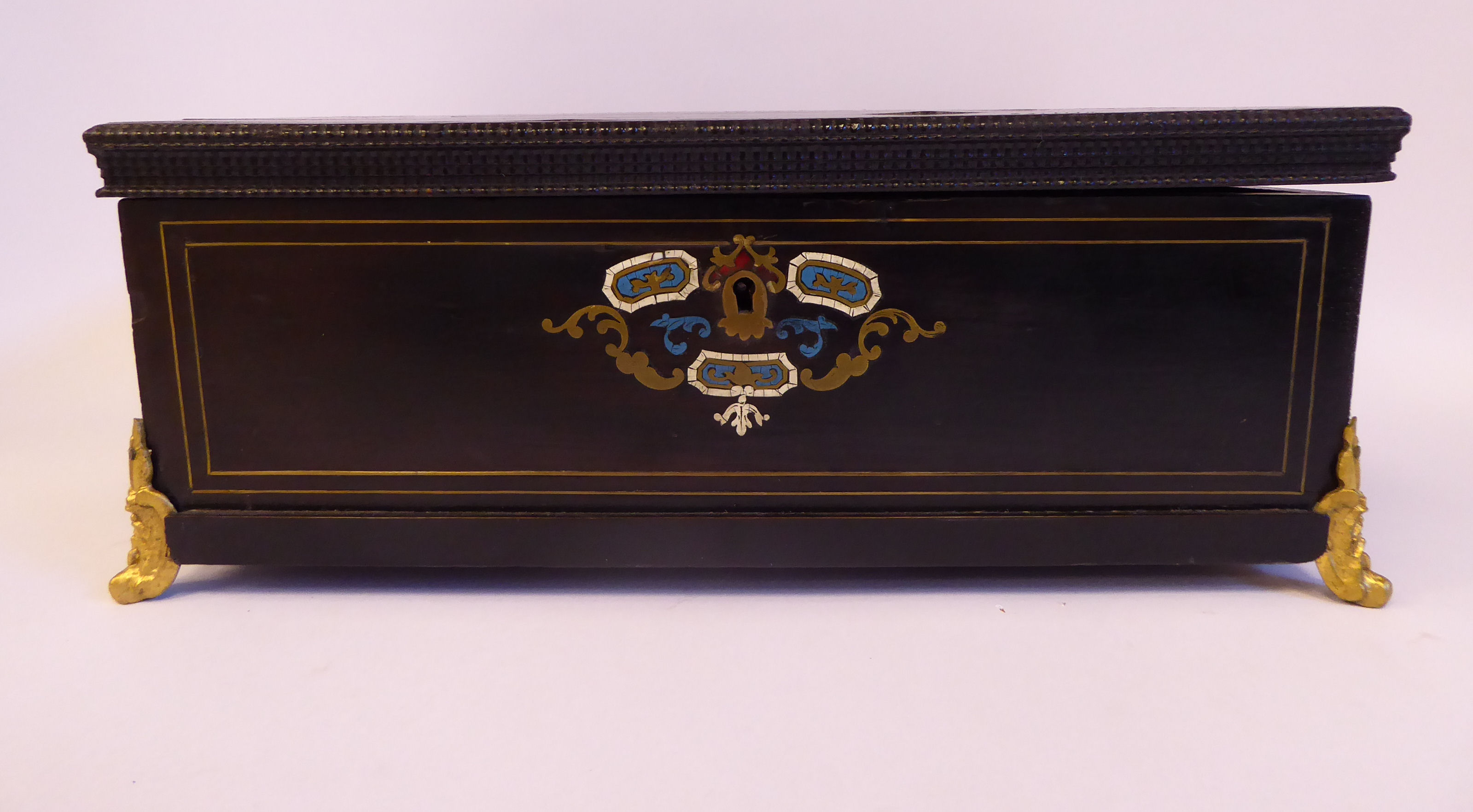 A late Victorian brass tortoiseshell and turquoise inlaid, ebonised box with a hinged lid, - Image 2 of 7