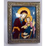 A late 19thC Russian enamelled icon in a white metal frame, embossed with swags,