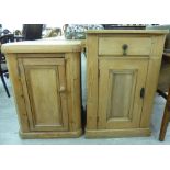 Two similar modern pine bedside cabinets, each with a drawer and a panelled door,