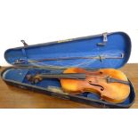 A late 19thC violin with a two piece back bears an indistinct label 14''L with a bow cased