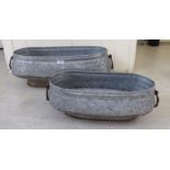 Two modern galvanised metal garden planters with ring handles 19'' & 16''L SR