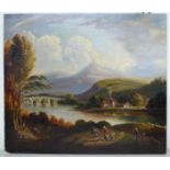 An early 19thC landscape with figures walking on a path with a bridge,