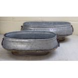 Two modern galvanised metal garden planters with ring handles 19'' & 26''L CA