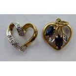 Two similar 9ct gold heart shaped pendants,