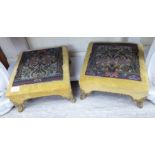 A pair of mid 20thC stud old gold coloured fabric upholstered footstools,