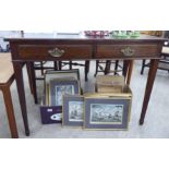 An early 20thC mahogany finished side table with two in-line drawers, raised on square,