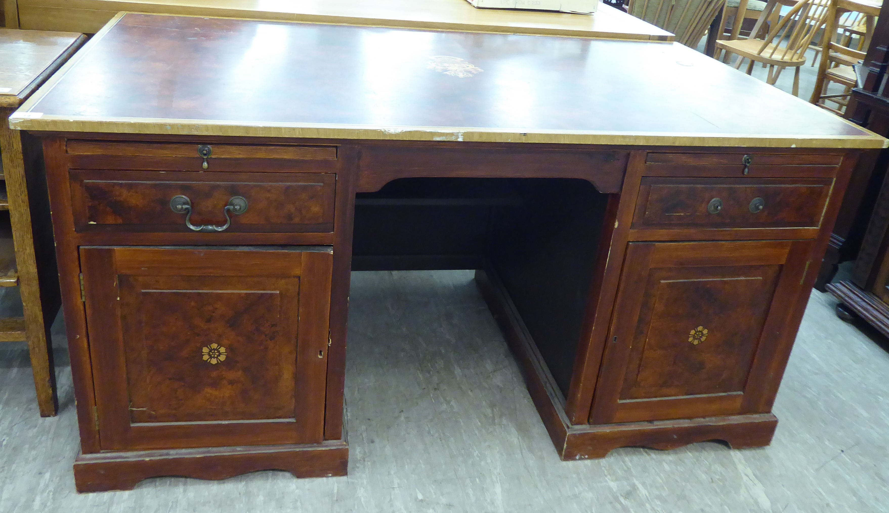 A modern painted wooden twin pedestal desk,