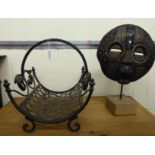 A mixed lot: to include an 'antique' cast iron log basket with twin C-scrolled ornament 14''h