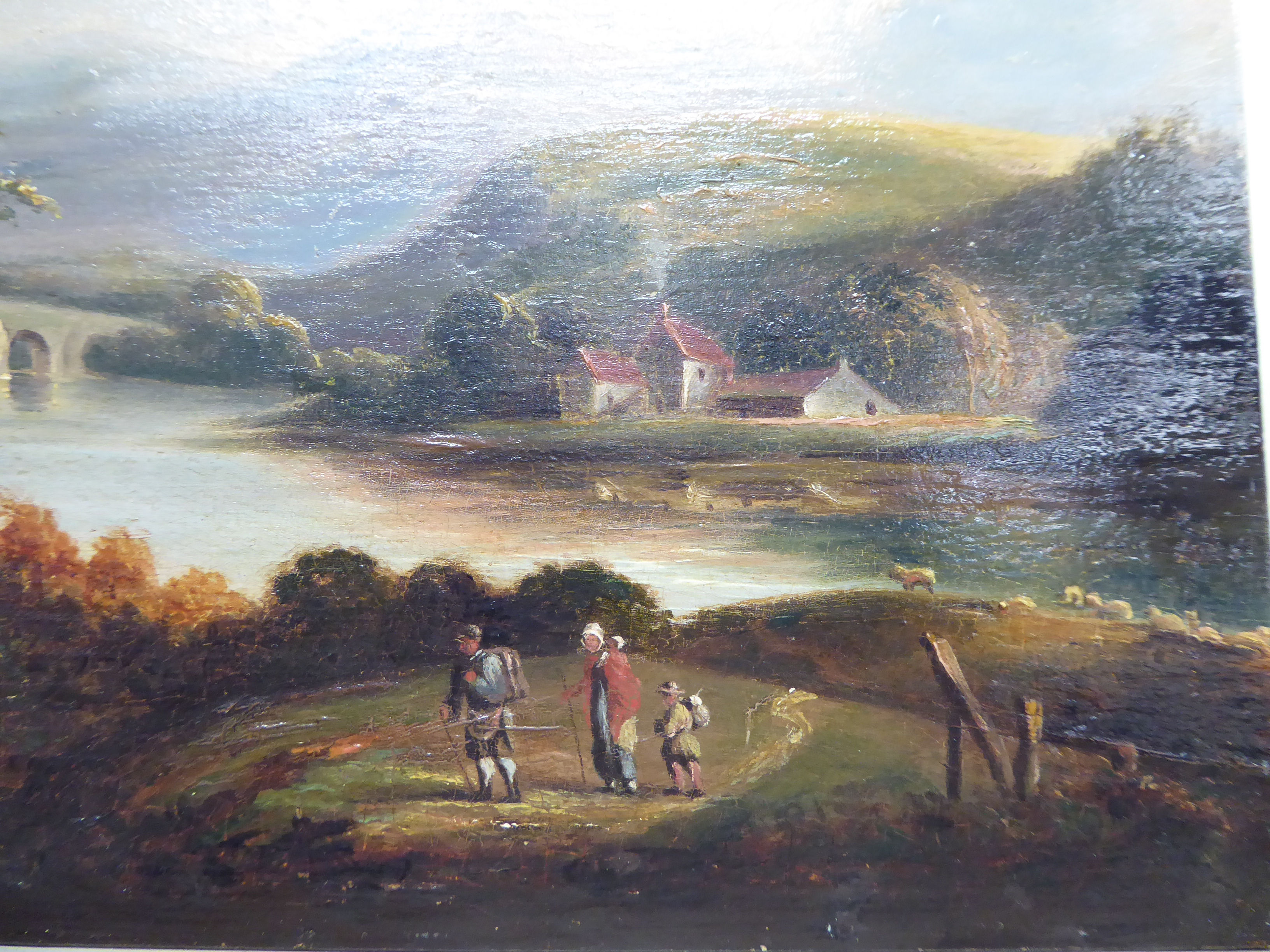 An early 19thC landscape with figures walking on a path with a bridge, - Image 2 of 2