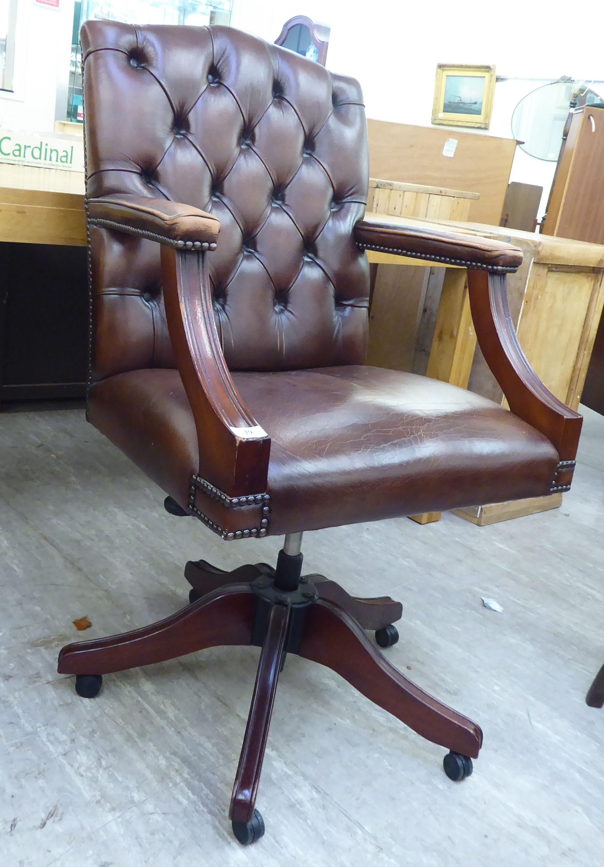 A modern Georgian style part button and stud upholstered brown open arm desk chair, - Image 2 of 2