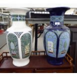 Two similar 20thC European pottery vases, each with a flared lip, bulbous, tapered body,