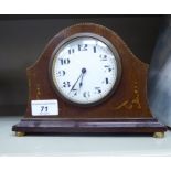 An Edwardian satinwood inlaid mahogany cased mantel timepiece;