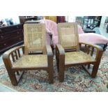 A pair of Art Deco Colonial teak framed armchairs,