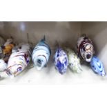Six similar Murano inspired clear and coloured glass model fish largest 18''w OS4