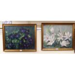 Janet Kirk - two still life studies 'Magnolias' and 'Purple Pansies' oil on board bearing