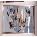 A 20thC machine made tapestry study of cranes in flight 29'' x 25'' framed HSR