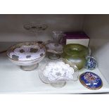 Decorative glassware: to include a pair of frilled and painted enamel pedestal sweet dishes 5''dia;