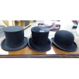 Hats: to include a Woodrow black silk top hat 23.5'' circumference 8'' x 6.