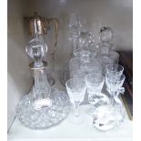 Glassware: to include a lead crystal ships decanter and stopper with a silver collar indistinct