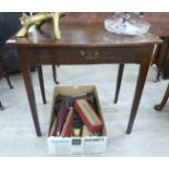 An early 19thC stained oak bow side table with a single drawer, raised on square,
