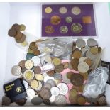 Uncollated British and other coins: to include a 1970 Royal Mint proof set of pre-decimal coins