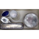 Silver items: to include a Georgian style oval mustard pot and salt cellars with blue glass liners