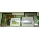 Framed pictures and mirrors: to include a pre-Raphaelite study coloured print 14'' x 20''